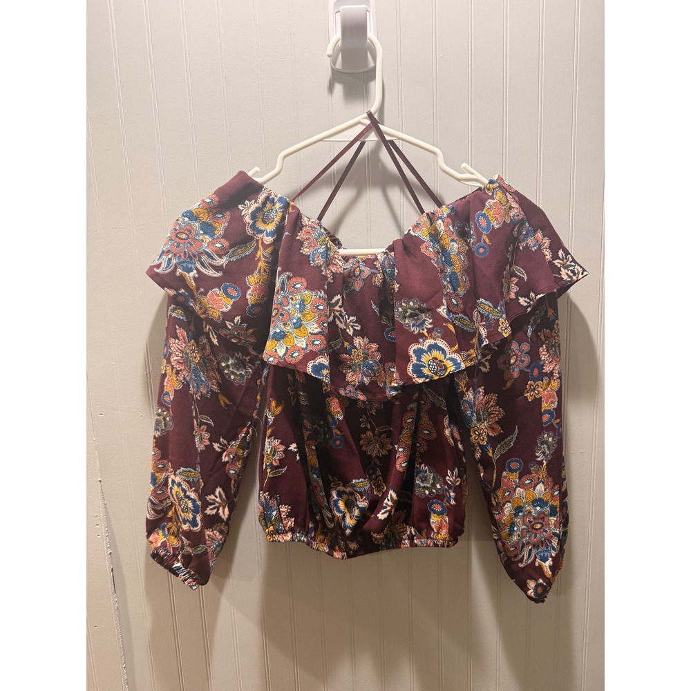 Line & Dot Burgundy Floral Paisley Off Shoulder Ruffle Blouse XS